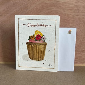 Cupcake, cartão de aniversário, aquarela, impressão original, pintado à mão