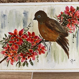 Cartão em branco pintado à mão, pássaro, florais, cartão para qualquer ocasião, aquarela, impressão original