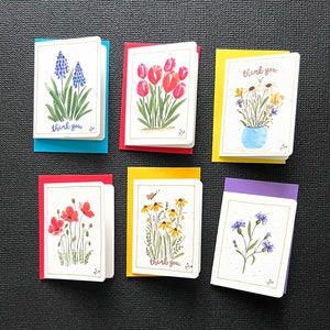 Notizkarten, Aquarell, Blumenstrauß, Mohnblumen, Dankeschön, Kornblume, Traubenhyazinthe, Tulpen, Minikarten, handbemalt.
