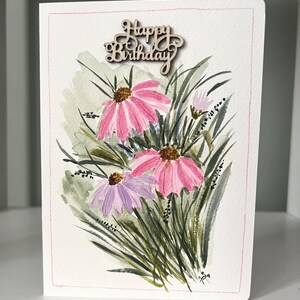 Lindo cartão de aniversário, pintado à mão, aquarela, floral, estampa original.