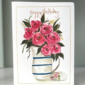 Cartão de aniversário, rosas, flores no vaso, aquarela, pintado à mão, impressão original.