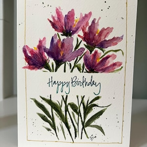 birthday card, watercolor, hand-painted, floral bunch, flowers, original print.
