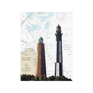 May include: Two lighthouses on a nautical chart. The lighthouse on the left is brick and the lighthouse on the right is black and white.