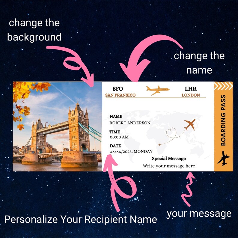 Custom Boarding Pass Template Printable Airline Ticket Etsy