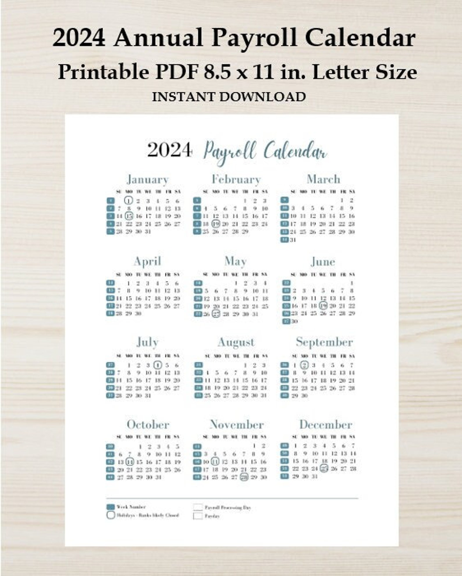 2024 Annual Printable Payroll Calendar, Download Yearly Payroll