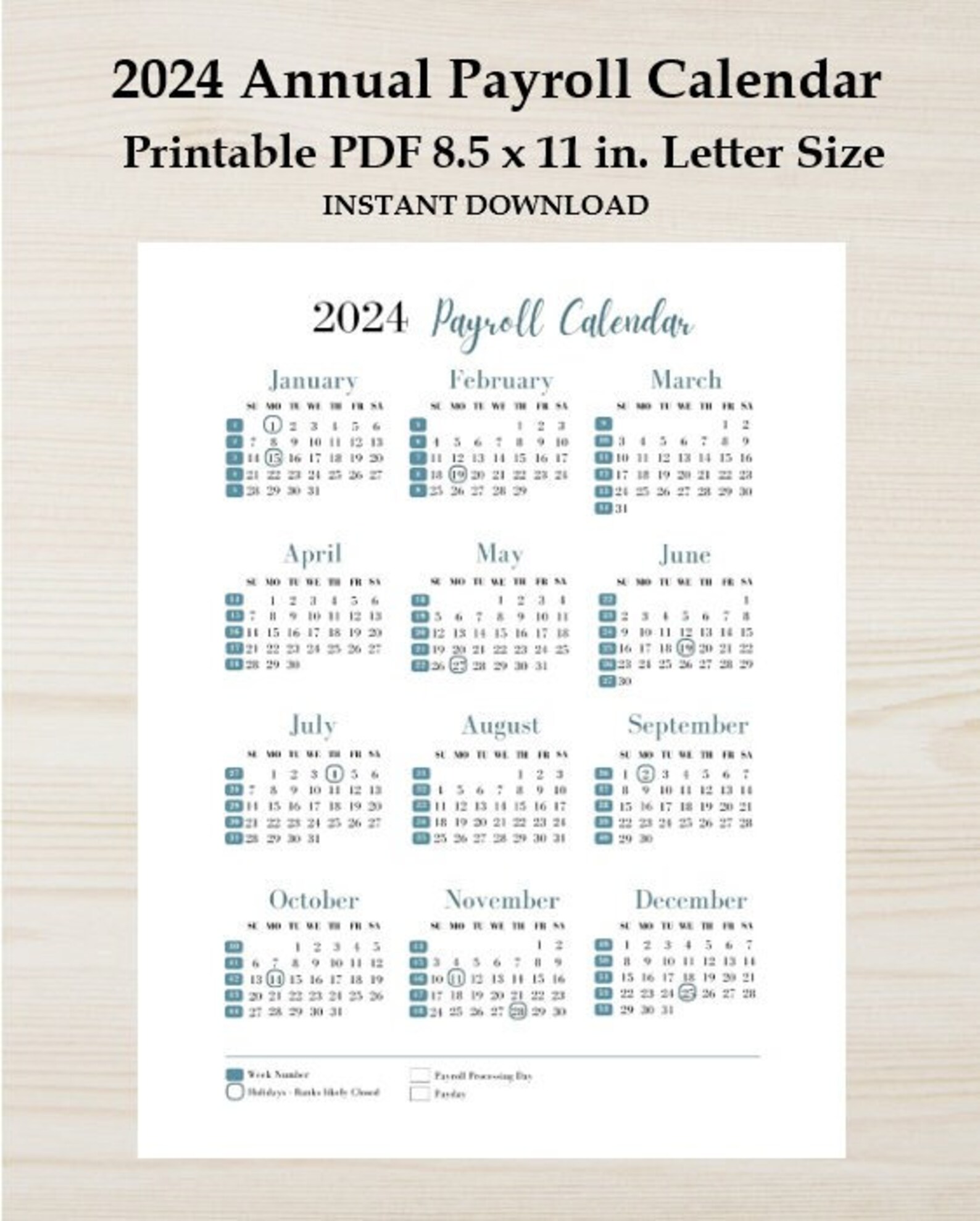 2024 Annual Printable Payroll Calendar Download Yearly Payroll