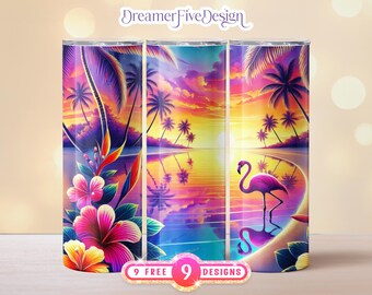 Diseño de vaso con flamencos y puesta de sol en la playa, diseño tropical sin costuras (PNG digital)