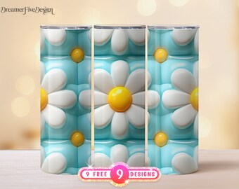 3D Inflated White Yellow Daisies Seamless 20 oz Skinny Tumbler Sublimation Design, Straight & Tapered Tumbler Wrap, Digital Download PNG