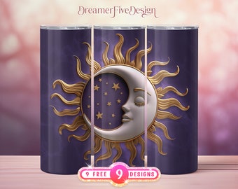 Puede incluir: Un vaso de acero inoxidable morado con un diseño de sol dorado y luna creciente blanca. La luna tiene un ojo cerrado y una pequeña cara. El sol tiene rayos que se extienden desde el centro. Hay pequeñas estrellas blancas dispersas alrededor de la luna.