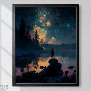 Serenidad de la naturaleza contemplando las estrellas escena del cielo nocturno paisaje impresionista imprimible arte de pared inspirado en la naturaleza digital para descarga digital instantánea