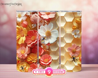 3D Bee Honeycomb Yellow and Pink Floral 20 oz Skinny Tumbler Sublimation Design, Straight And Tapered Tumbler Wrap, Instant Digital Download
