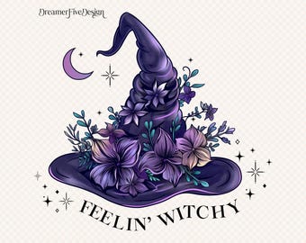 Feeling Witchy Halloween png,Witch Hat png, Halloween png, trending png, Gothic png, Floral png, Witchy png, Halloween Coquette, Moon png