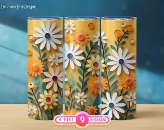 3D White Yellow Orange Daisies Seamless 20 oz Skinny Tumbler Sublimation Design, Straight & Tapered Tumbler Wrap, Digital Download PNG