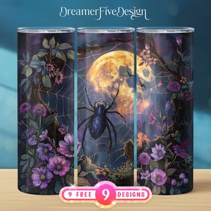 May include: A black spider web design with a black spider and purple flowers on a dark blue background. The design is printed on a stainless steel tumbler.