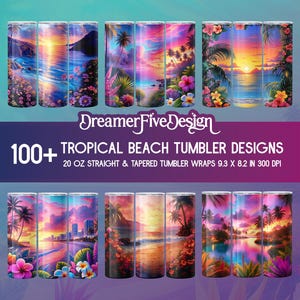 Más de 100 diseños de sublimación para vasos playeros con diseño de atardecer tropical en el océano, plantillas para vasos delgados rectos sin costuras de 20 oz, PNG y JPG