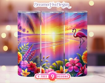Diseño de vaso con flamencos al atardecer en la playa, diseño de océano tropical (PNG digital)