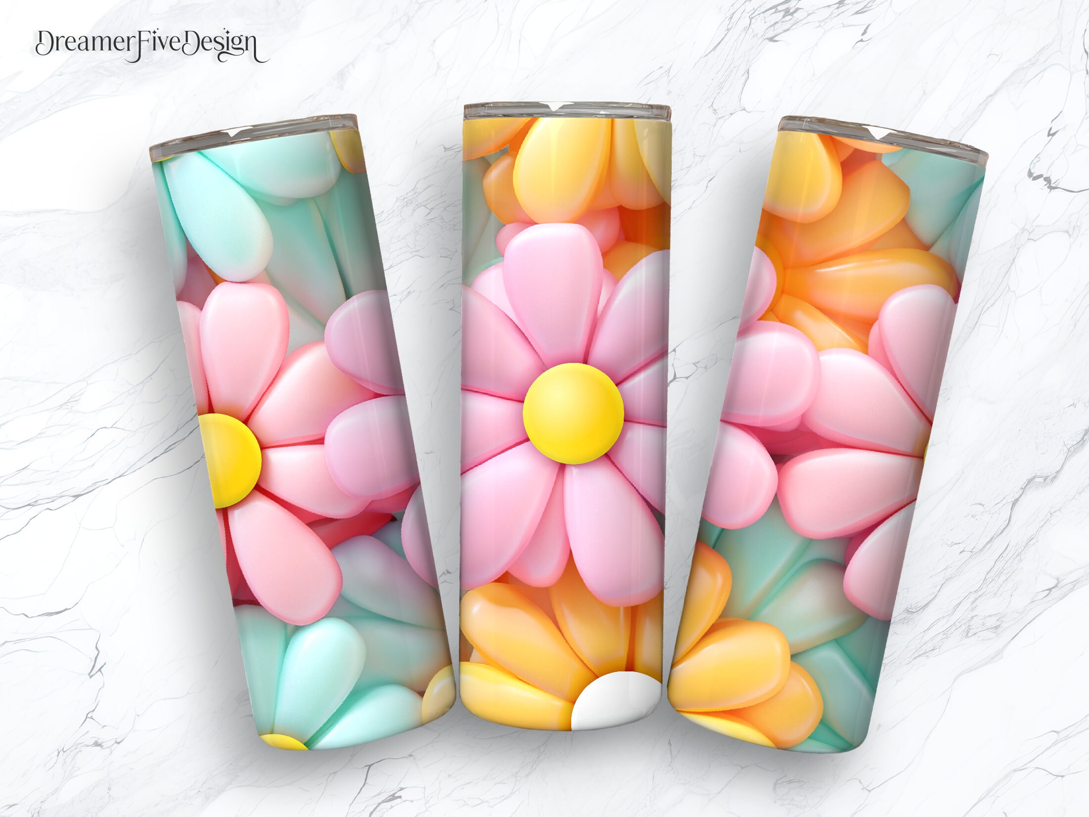 3D Inflated Pink Yellow Blue Daisies Seamless 20 Oz Skinny Tumbler ...