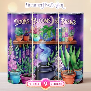 Books, Blooms & Brews Witchy Bookshelves Herbalist Plant Life Apothecary Tumbler Wrap 20 oz Skinny Tumbler Sublimation Digital PNG Design