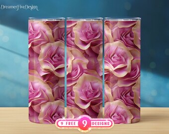 May include: Three stainless steel tumblers with a pink and cream floral pattern. The tumblers are arranged in a row on a wooden surface. The text "9 FREE 9 DESIGNS" is visible at the bottom of the image.