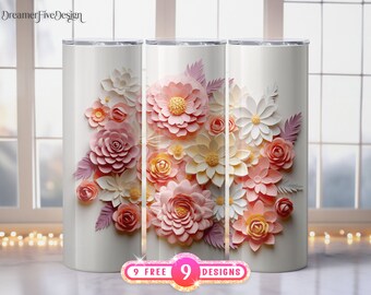 3D fiori bianchi rosa senza soluzione di continuità 20 oz Skinny Tumbler Design a sublimazione, avvolgimento del bicchiere dritto e affusolato, download digitale PNG