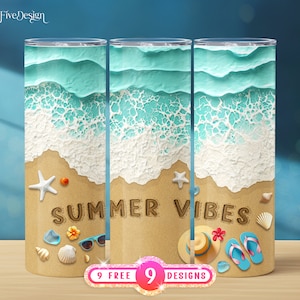3D Summer Vibes Seashells Starfish Tropical Beach Vacation 20oz Prosta i zwężana folia do sublimacji na kubek, cyfrowe pobieranie PNG, bezszwowe