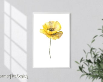 Arte de acuarela de amapola amarilla / Arte floral / Decoración de pared imprimible / Arte de pared imprimible / Impresiones de arte