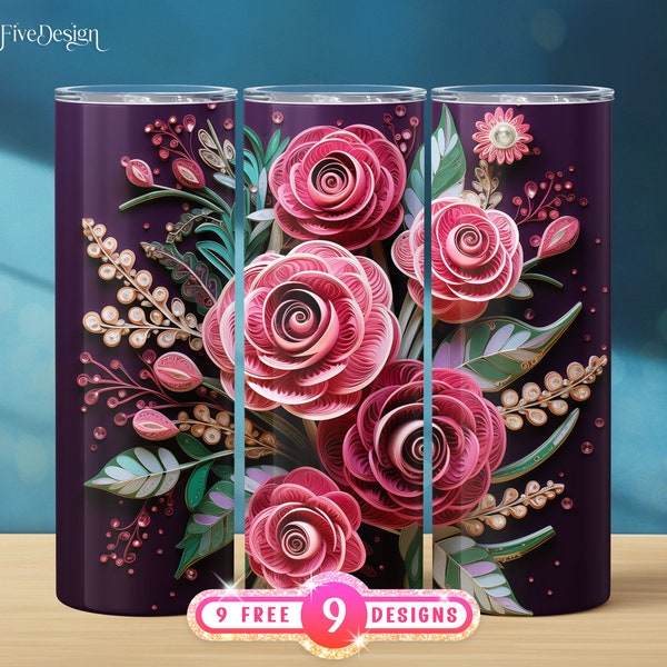 3d Pink Floral Leaves Embroidery Paper Quilling 20oz Straight & Tapered Seamless Floral Peony Roses Tumbler Wrap Sublimation, Digital PNG