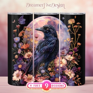 May include: A black and white tumbler with a raven perched on a branch of flowers. The raven is black with a dark blue sheen. The flowers are pink, purple, and white. The background is a dark blue with a moon in the center.