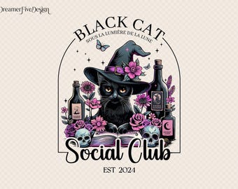 Black Cat Social Club png, Ghost Cat png, halloween png, trendy png, Gothic png, czarny kot png, Witchy hat png, Halloween cat mama png