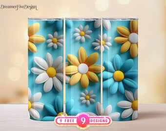 3D White Teal Yellow Daisies Seamless 20 oz Skinny Tumbler Sublimation Design, Straight & Tapered Tumbler Wrap, Digital Download PNG