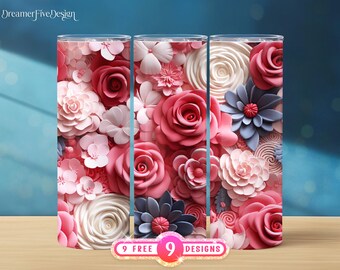 May include: Three 20 oz tumbler designs featuring a floral pattern with pink, white, and blue paper flowers. The text "9 FREE 9 DESIGNS" is at the bottom of the image.