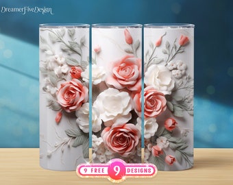 3D rosa vita blommor sömlös 20 oz smal tumbler sublimeringsdesign, rak och avsmalnande tumbleromslag, digital nedladdning PNG