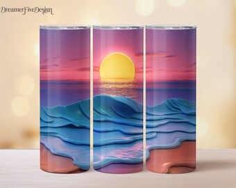 3D Tropical Beach Vacation Sunset 20oz Tumbler Sublimation, Straight & Tapered Tumbler Wrap, Digital Download PNG, Seamless