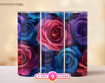 3D Pink Purple Blue Rose Flowers Seamless 20 oz Skinny Tumbler Sublimation Design, Straight & Tapered Tumbler Wrap, Digital Download PNG