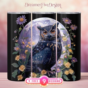 Puede incluir: Un vaso negro y blanco con una luna morada y azul, un búho negro con ojos amarillos y flores moradas y amarillas. El vaso tiene el texto "9 FREE 9 DESIGNS" en la parte inferior.