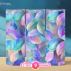 Iridescent Leaves 20 oz Skinny Tumbler Sublimation Design Digital Download PNG, Seamless Tumbler Wrap, Straight Tapered Tumbler Wrap