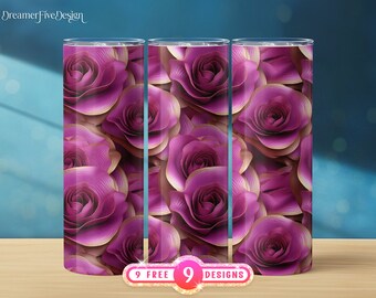 3D Pink Rose Flowers Seamless 20 oz Skinny Tumbler Sublimation Design, Straight & Tapered Tumbler Wrap, Digital Download PNG