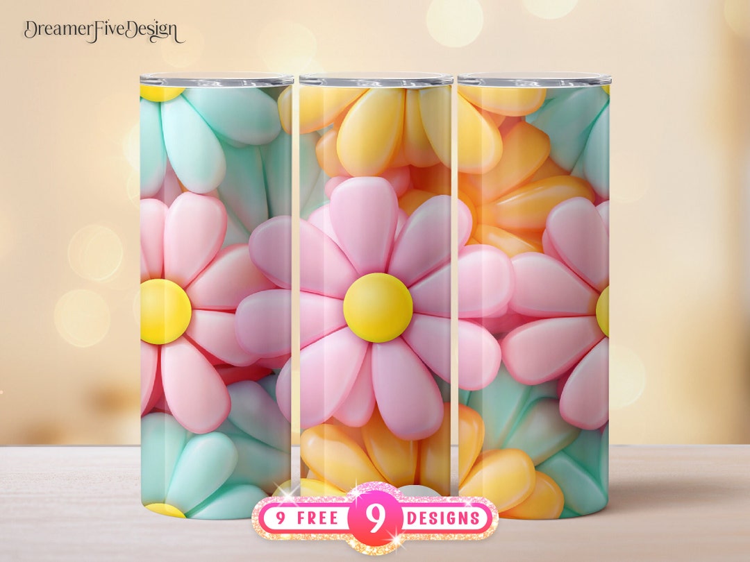 3D Inflated Pink Yellow Blue Daisies Seamless 20 Oz Skinny Tumbler ...