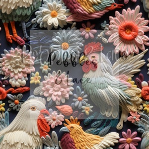 Embroidered Chickens Seamless File, Repeating Seamless Pattern Design, Repeating File, Tiling Designs, Paper, Fabric