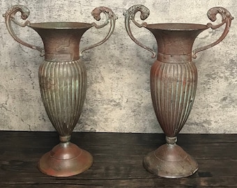 Pair of Vintage Bronzed Copper Patina Solid Brass Footed Vase with Ribbed Detailing and Ornate Monkey Handles. Unique Collectable. MCM.