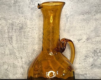 HUGE 1977 Vintage Blenko Optical Handblown 17” Glass Floor Pitcher Vase by Joel Myers in Golden Amber Wheat - MCM / Rare / Unique / Display