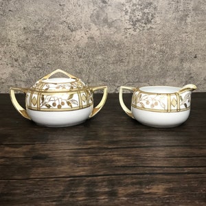 Antique Nippon Handpainted White Porcelain Handpainted Ornate Floral and Cherries Gold Gild Cream and Sugar Jars bowls, 1891-1920s. Japan