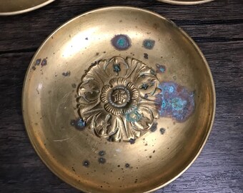 Vintage French LeSavoy Solid Brass Trinket Earrings Rings Jewelry Small Dish with Floral Rosette Medallion and Patina. Sold individually.