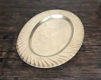 Vintage Heavy Solid Brass Oval Centerpiece Serving Display Platter Tray with Detailed Swirled Edge. Made in India.