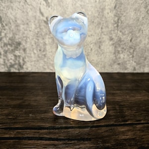 Vintage Fenton Large Clear and Milky White Opalescent Collectible Art Glass Sitting Cat Figurine Statue Stylized Cat - Very Rare Style!!