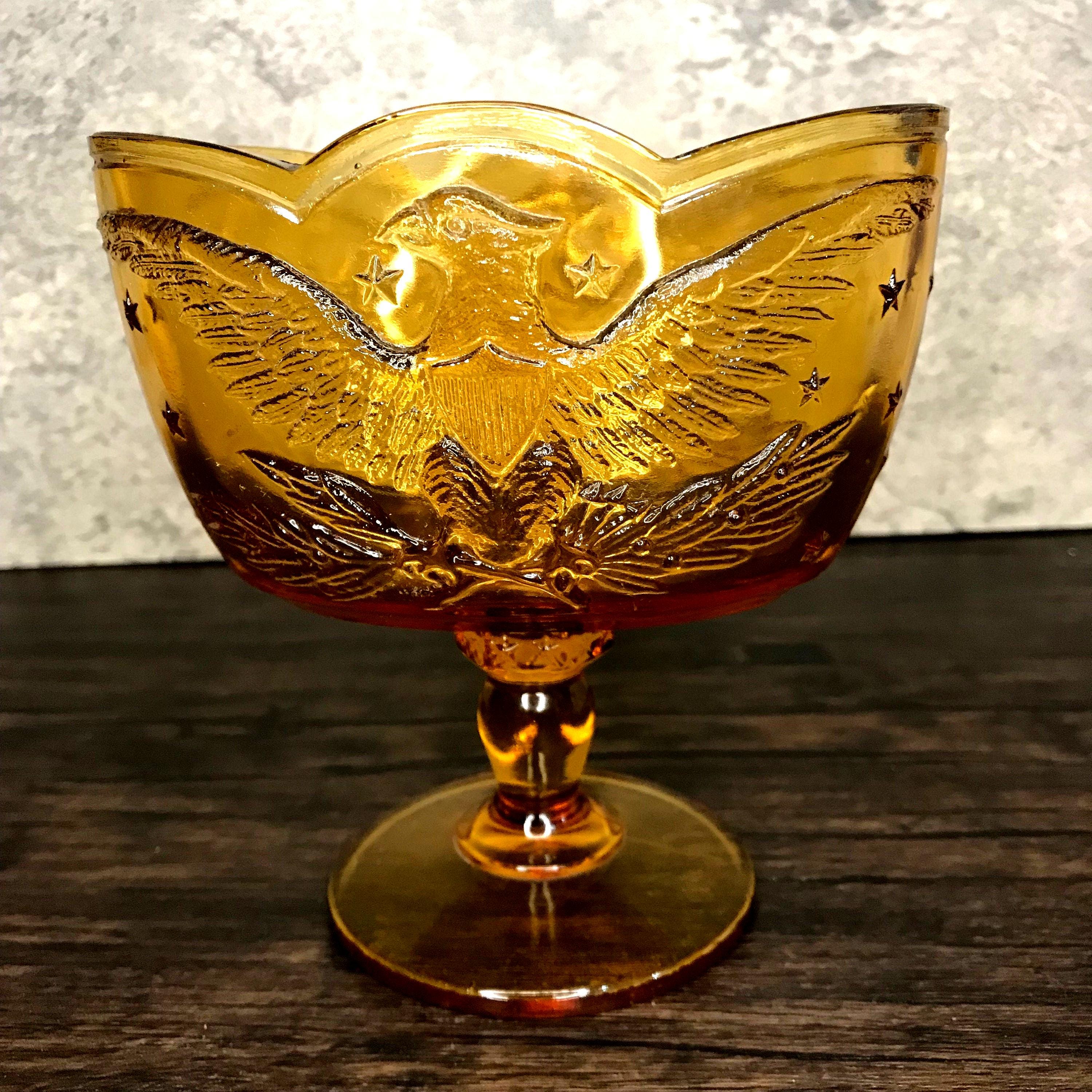 Vintage LE Smith American Eagle Stars Golden Amber Glass Pedestal Compote Candy Trinket Dish with Pedestal Base. Collectible Art Glass.