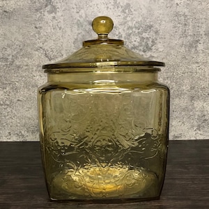 Vintage Bundes Glas Golden Gelb Deckeldose Kanister Apotheker Glas Aufbewahrungsbehälter Keksdose Depression Glas