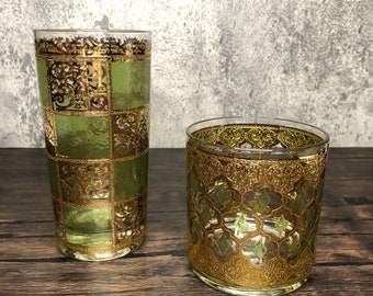 Single Replacement: Vintage Culver Green and 22k Gold Plated Filigree Prado Highball or Valencia Lowball Whiskey Tumbler Glasses. 1960s.