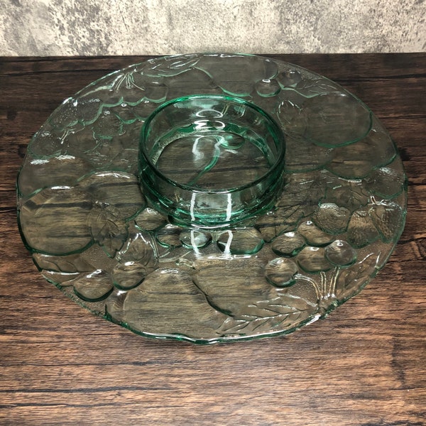 Vintage Libbey Glass Embossed Aqua Sea Teal Green Orchard Fruit Chip Dip Relish Cheese Crackers Charcuterie Plate Platter Serving Tray 1970s