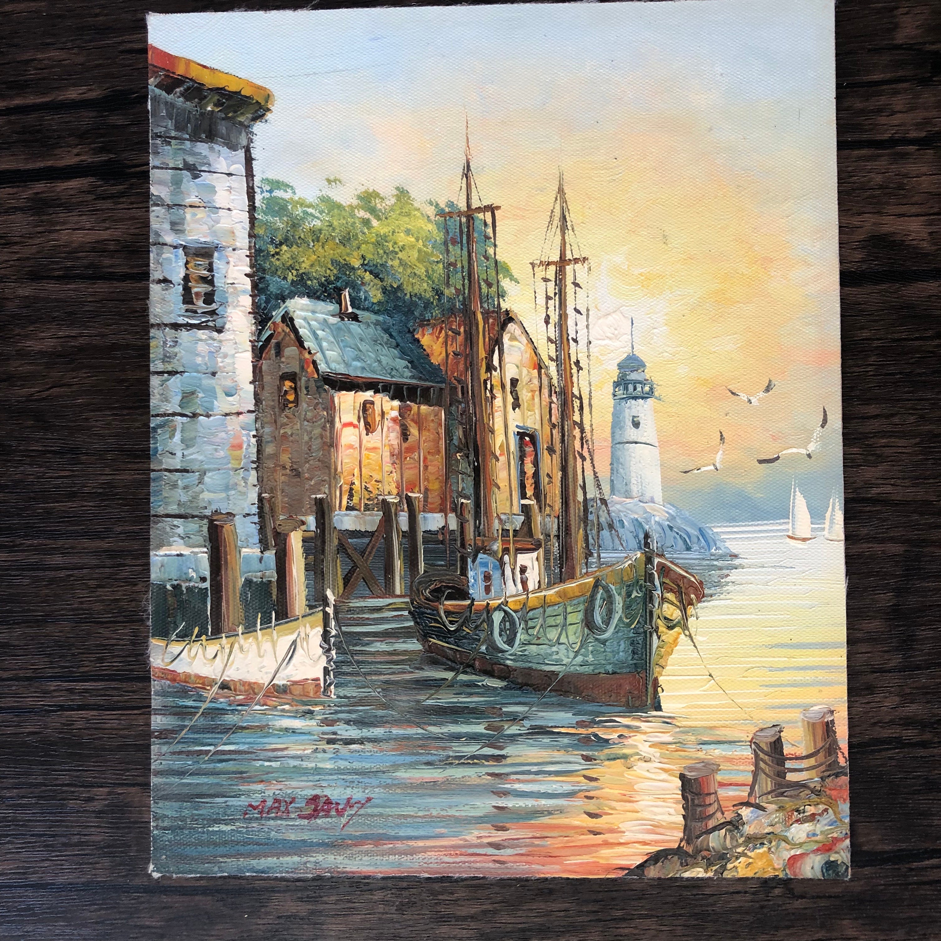 Vintage Max Savy Oil Painting: Harbour Scene With Lighthouse in